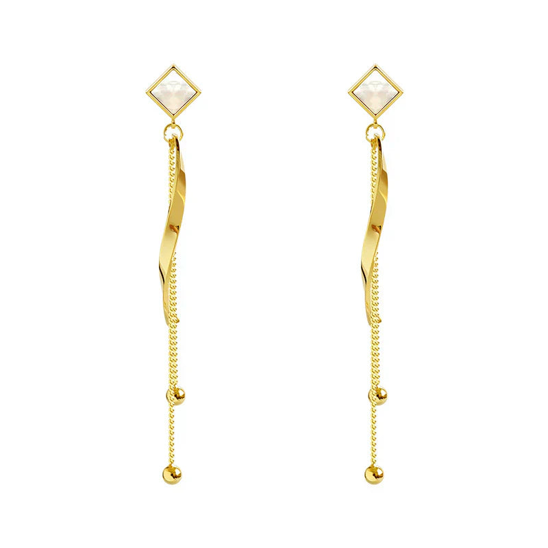 Silver Needle Geometric Square Long Curved Stick Slimming Earrings Temperament Wild Tassel