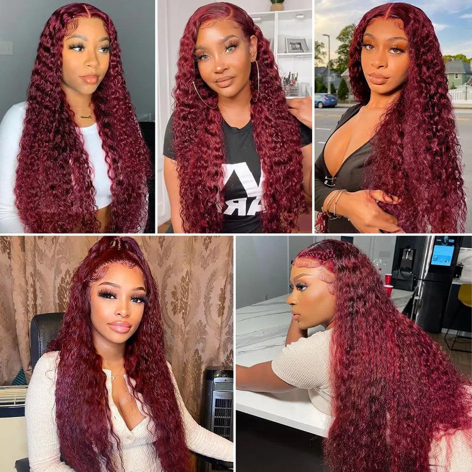 99J Colored 360 Lace Front Human Hair Wigs Deep Wave Burgundy 13x4 13x6 HD Transparent Lace Frontal Wig Wine Red Wig For Women