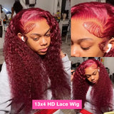 99J Burgundy Deep Wave 13x6 HD Lace Frontal Wig Human Hair Colored Curly Lace Front Human Hair Wigs Water Wave Red Lace Wigs