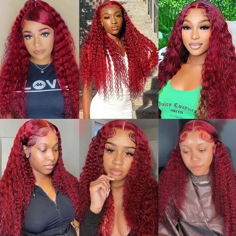 99J Colored 360 Lace Front Human Hair Wigs Deep Wave Burgundy 13x4 13x6 HD Transparent Lace Frontal Wig Wine Red Wig For Women