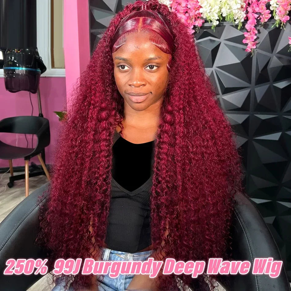 99J Burgundy Deep Wave 13x6 HD Lace Frontal Wig Human Hair Colored Curly Lace Front Human Hair Wigs Water Wave Red Lace Wigs
