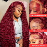 99J Colored 360 Lace Front Human Hair Wigs Deep Wave Burgundy 13x4 13x6 HD Transparent Lace Frontal Wig Wine Red Wig For Women