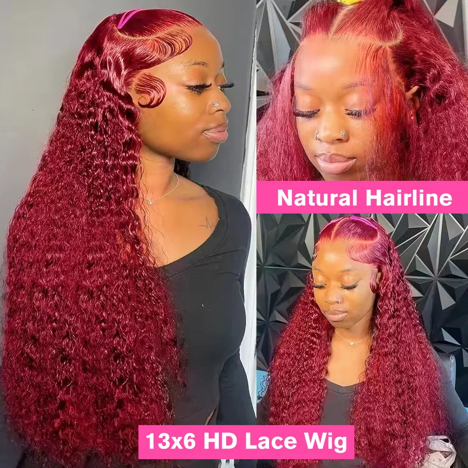 99J Burgundy Deep Wave 13x6 HD Lace Frontal Wig Human Hair Colored Curly Lace Front Human Hair Wigs Water Wave Red Lace Wigs