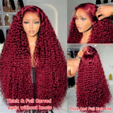 99J Colored 360 Lace Front Human Hair Wigs Deep Wave Burgundy 13x4 13x6 HD Transparent Lace Frontal Wig Wine Red Wig For Women