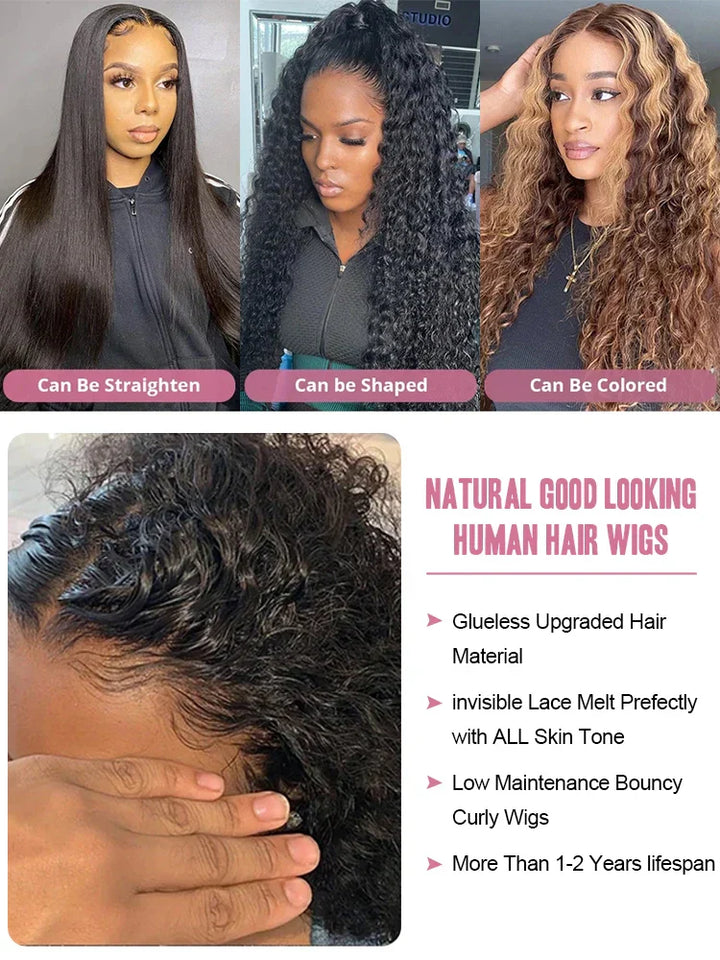 Deep Wave Curly Wigs 13x6 HD Lace Wig Human Hair 250 Density 13x4 HD Transparent Lace Frontal Glueless Wigs For Women 40 46 Inch
