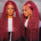 99J Burgundy Deep Wave 13x6 HD Lace Frontal Wig Human Hair Colored Curly Lace Front Human Hair Wigs Water Wave Red Lace Wigs
