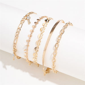 5 Pcs Women Fashion Gold Color Heart Crystal Key Anklets For Women Trendy Snake Chain Anklets For Women Foot Jewelry Gifts