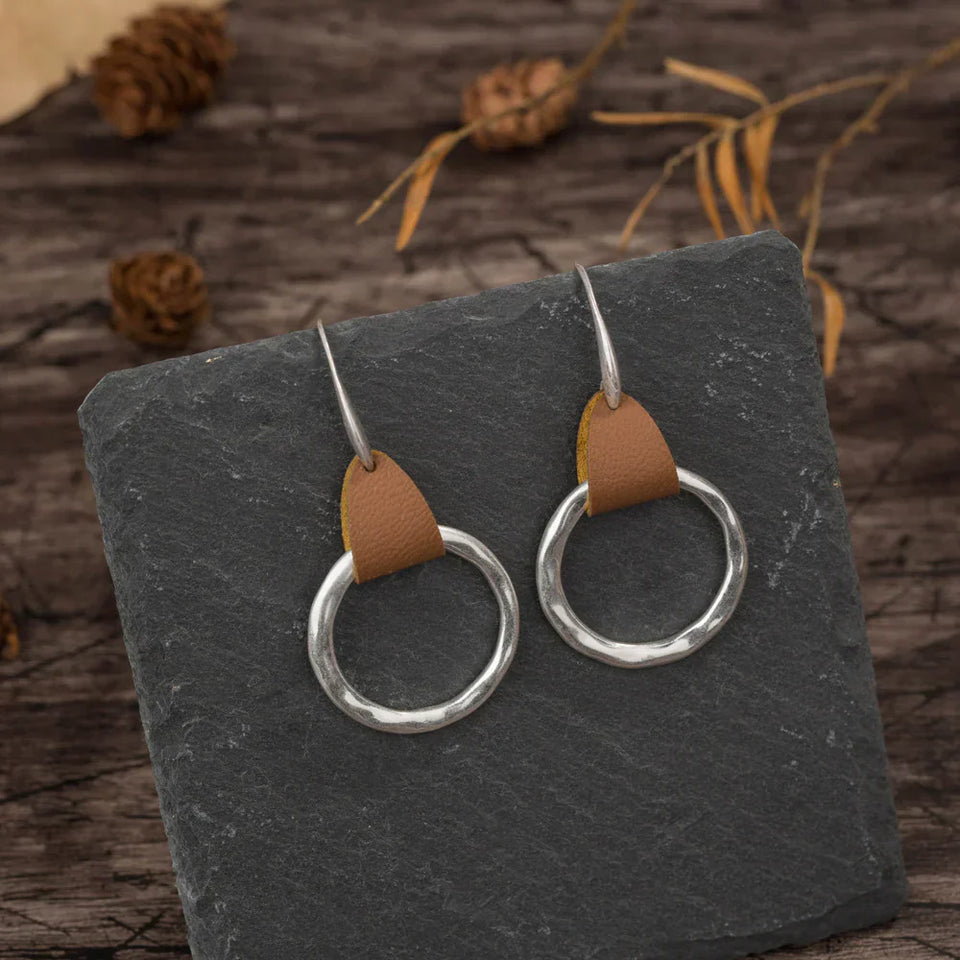 Simple Fashion Brown Leather Stitching Round Ring Earrings