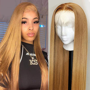 Tuneful 27# Honey Blonde Colored Human Hair Wigs Straight 180% 13x4 HD Transparent Lace Front Human Hair Wigs For Women