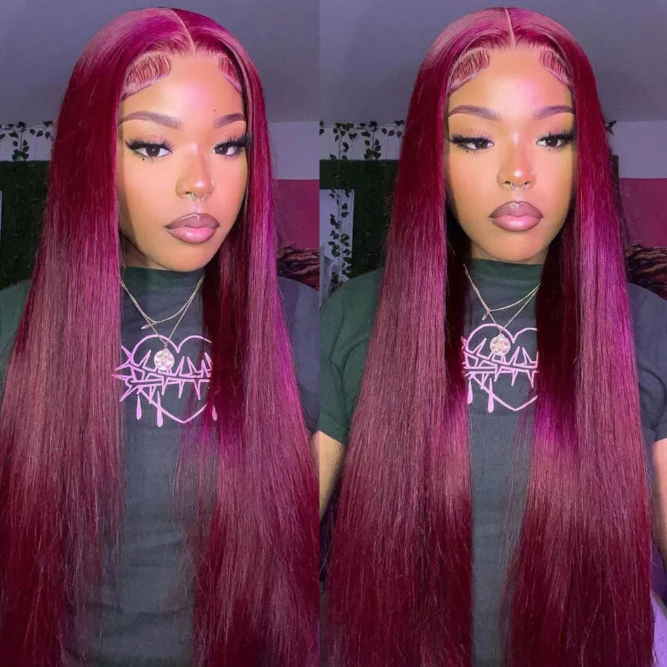 13x6 Lace 99j Red Burgundy Colored HD Lace Frontal Human Hair Wigs 13x6 Lace Front Human Hair Wigs Trendy Color Human Hair Wigs