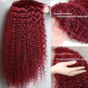 Burgundy 99J Water Wave Lace Front Human Hair Wig Brazilian Long Deep Wave Wigs PrePlucked Hair 180Density Closure Wig For Women